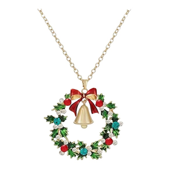 🌼 Christmas Necklace Wreath with Bell Charm Gold or Silver Tone - Picture 2 of 5